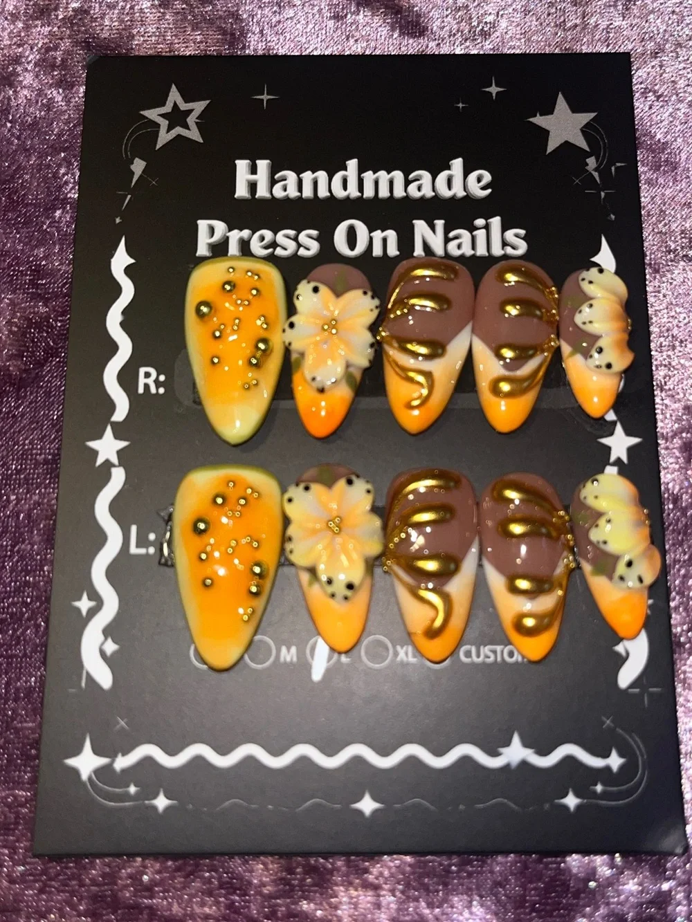 Handmade Press On Nails - Yellow & Brown Floral Design